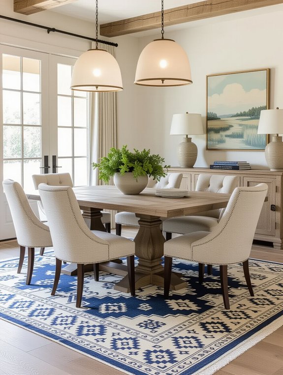 bold rug enhances dining ambiance