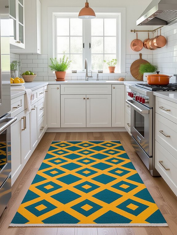 bold rug enhances kitchen