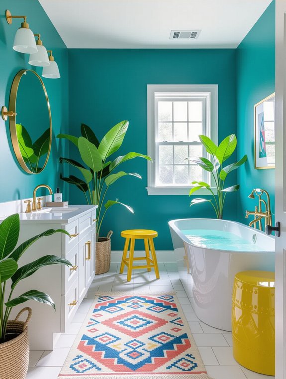 colorful accents enhance bathrooms