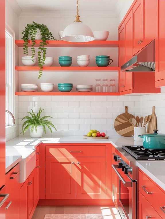 vibrant coral kitchen accents