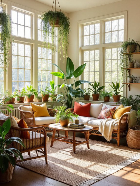 eclectic plant filled living room