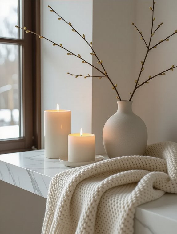 minimalist winter mantel decor
