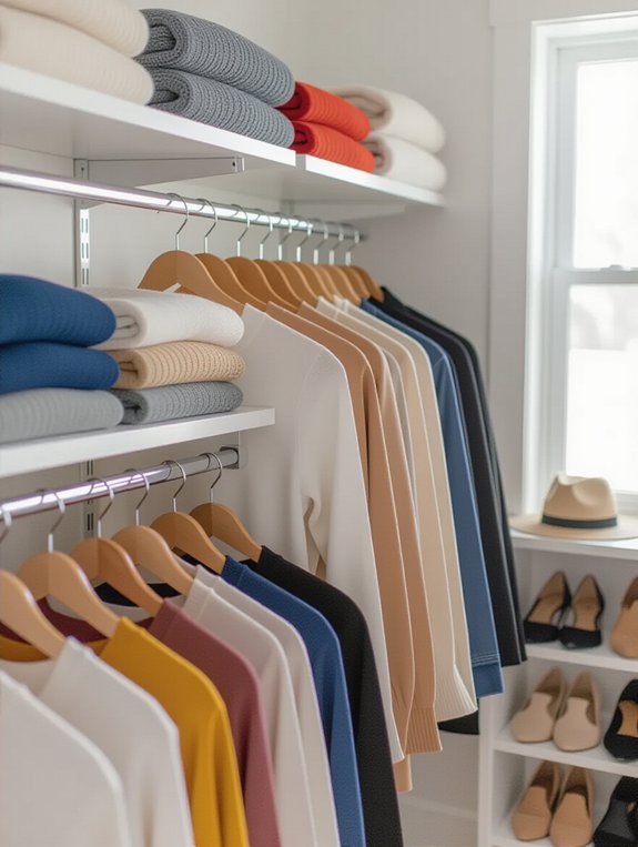 organized closet with slim hangers