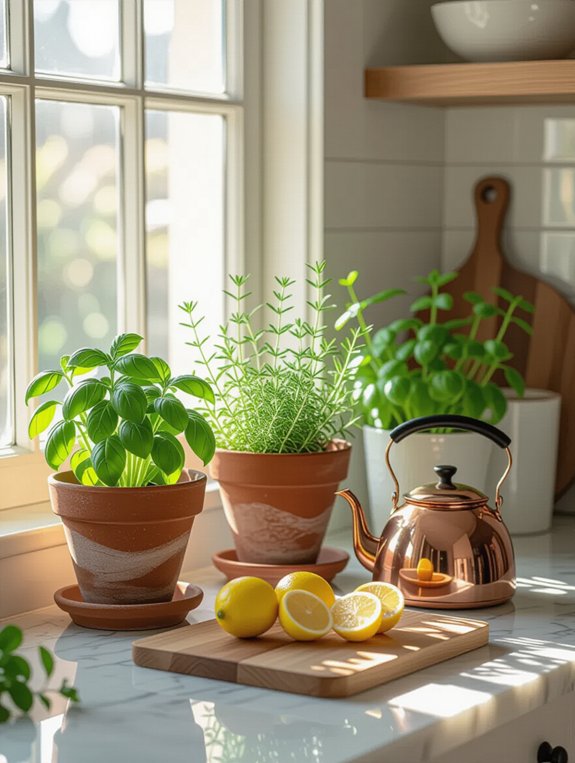 potted herbs enhance kitchen decor