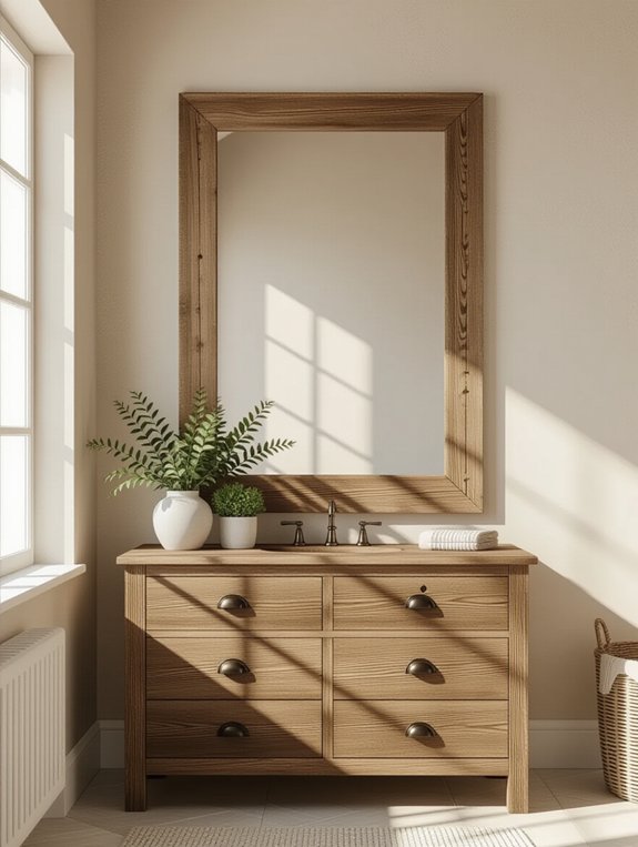 rustic wood enhances bathroom warmth