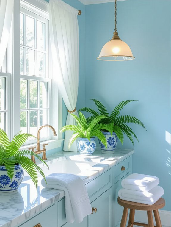 vibrant blue botanical bathroom