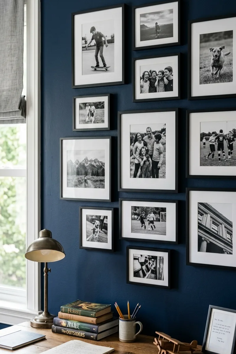 Blue Wall with Black and White Photos