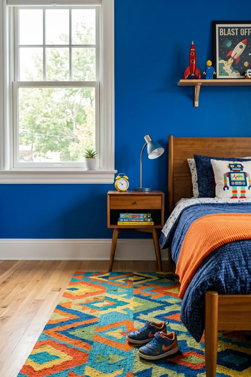 Blue Wall with Bold Rug