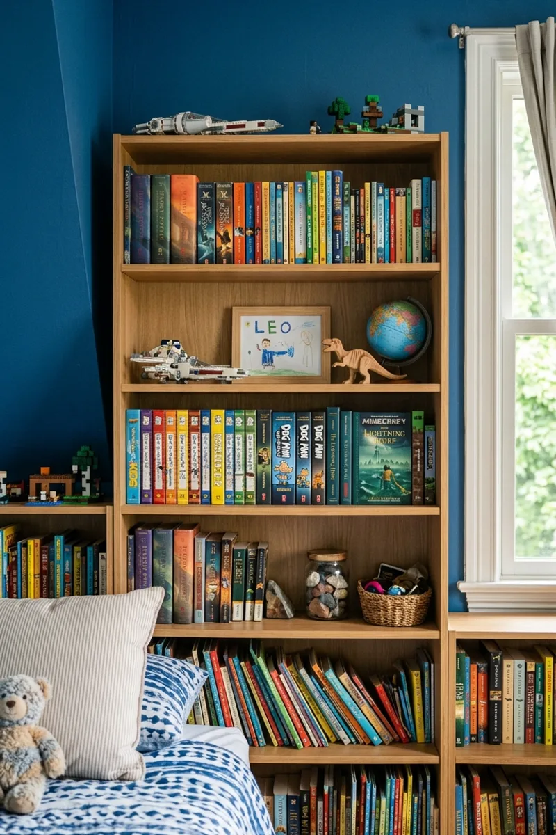 Blue Wall with Bookshelf