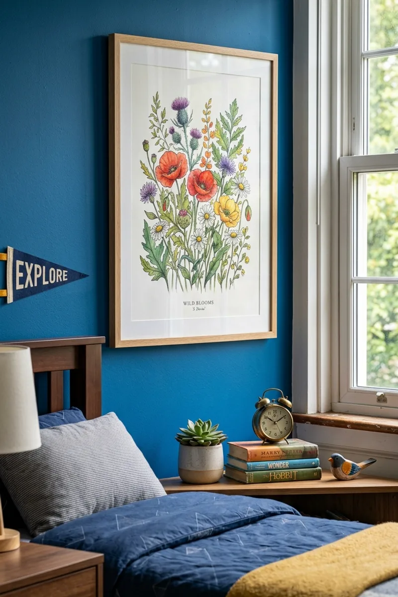 Blue Wall with Floral Art