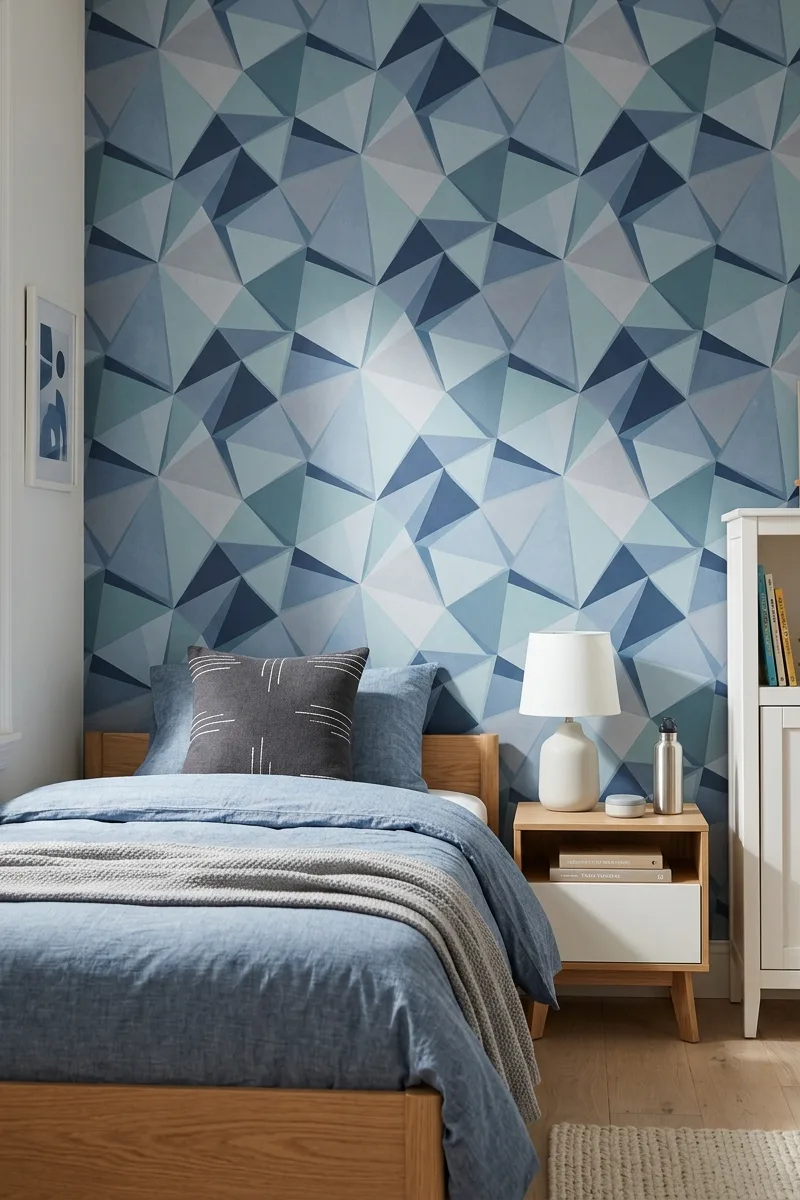 Blue Wall with Geometric Wallpaper