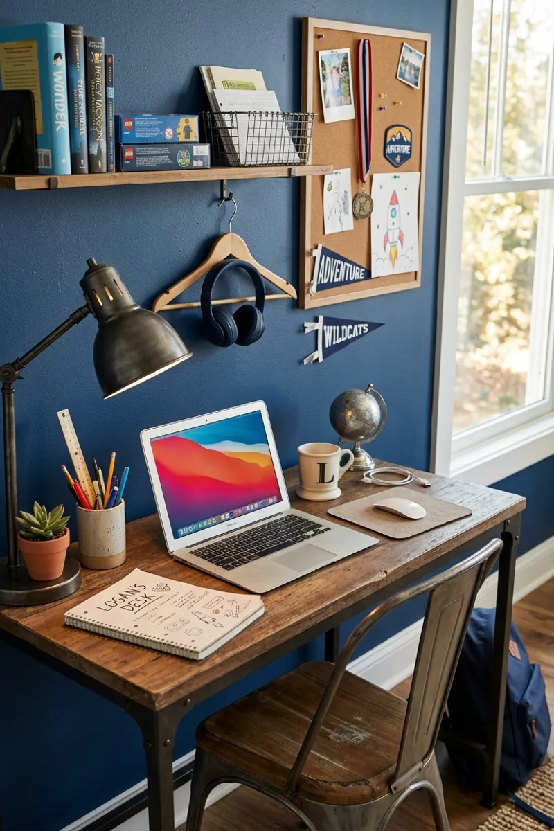 Blue Wall with Industrial Desk