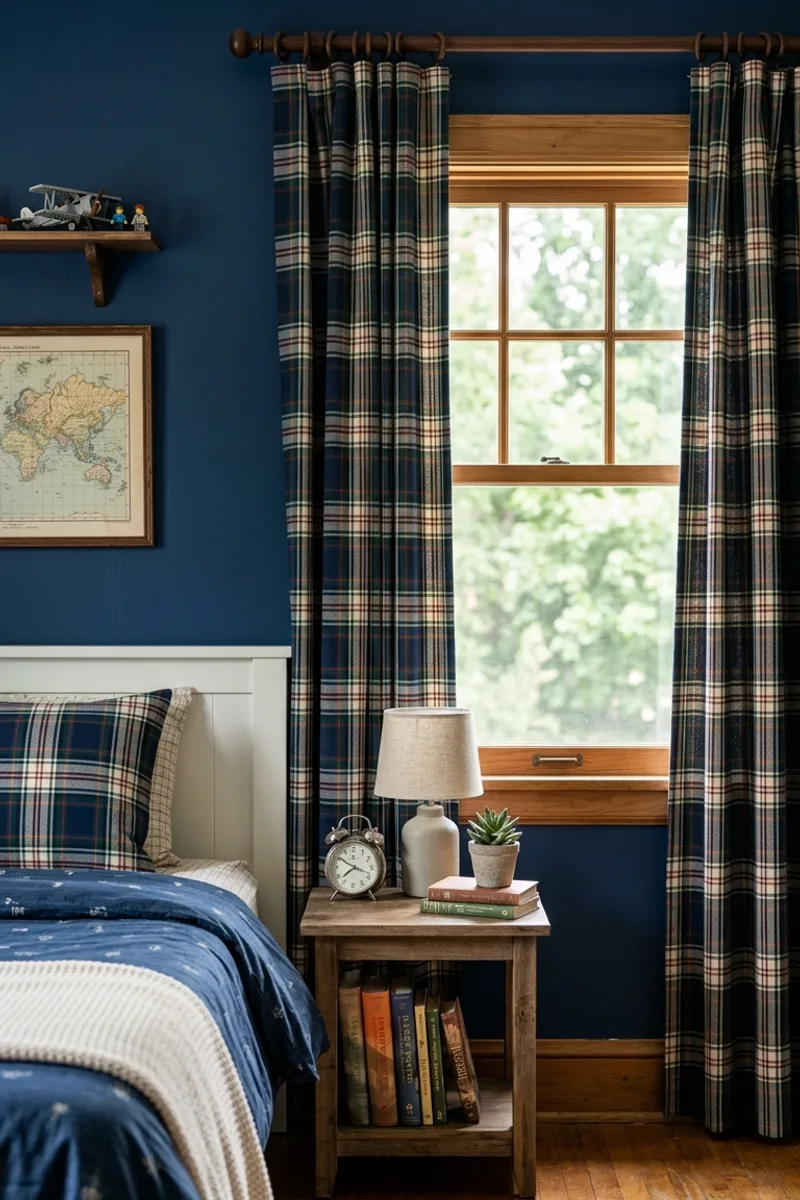 Blue Wall with Plaid Curtains