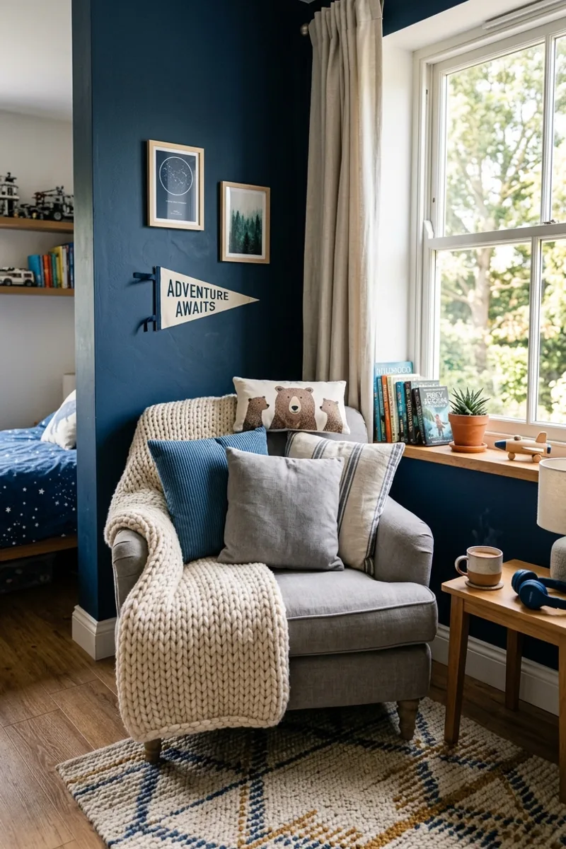 Blue Wall with Rug and Cushions