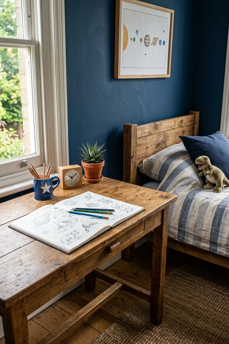 Blue Wall with Rustic Wood
