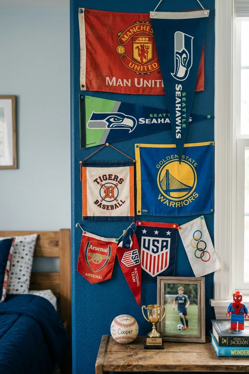 Blue Wall with Sports Flags