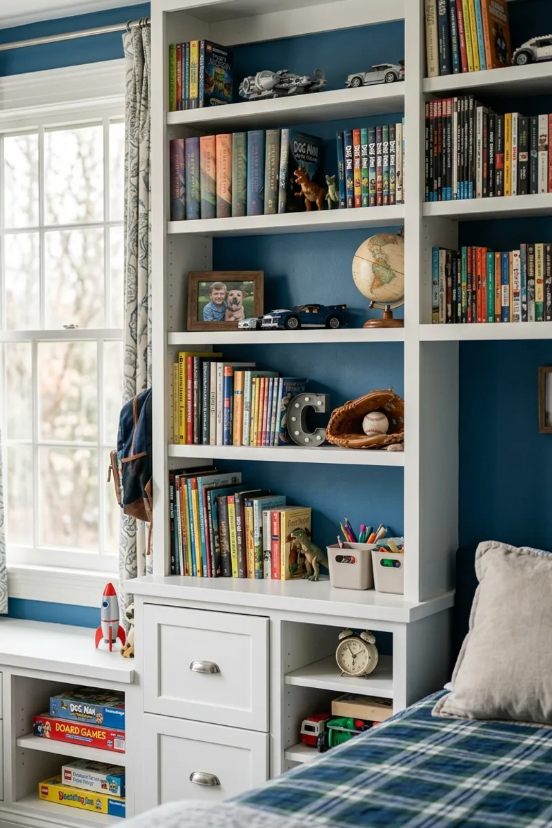 Blue Wall with Built-in Bookshelves