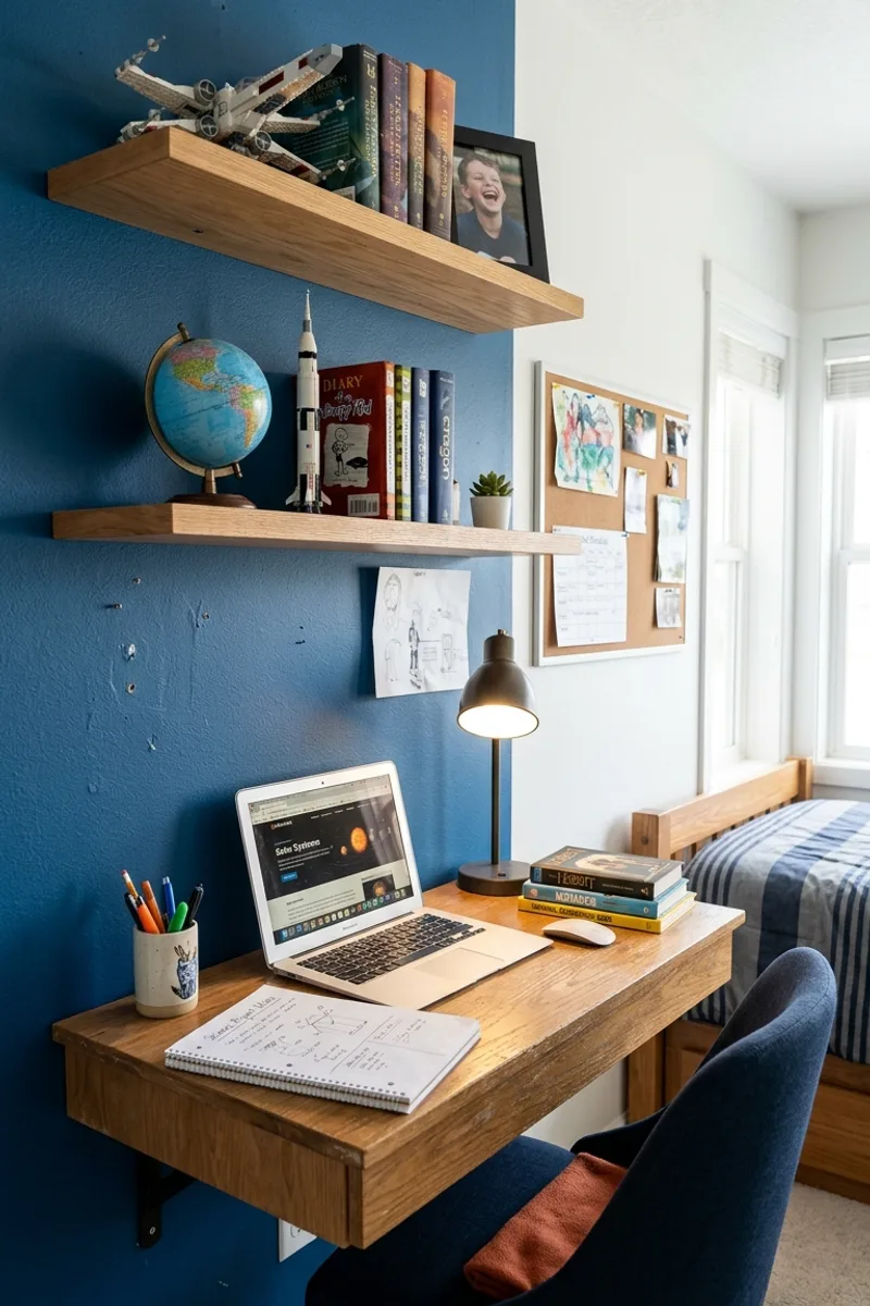 Blue Wall with Desk and Shelves