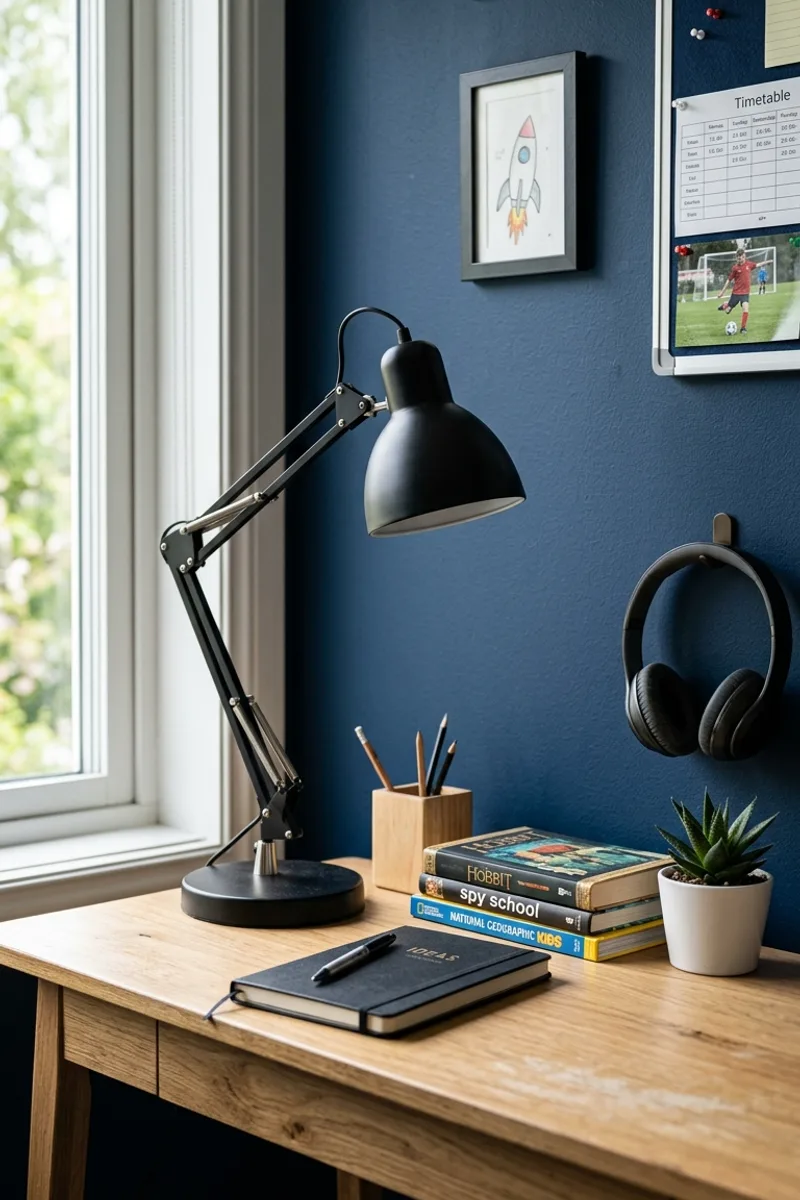 Blue Wall with Desk Lamp