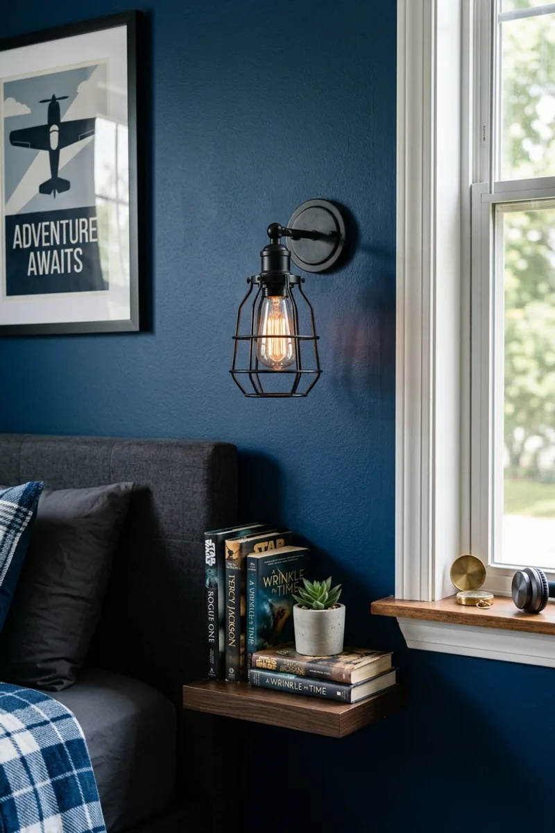 Blue Wall with Industrial Lighting