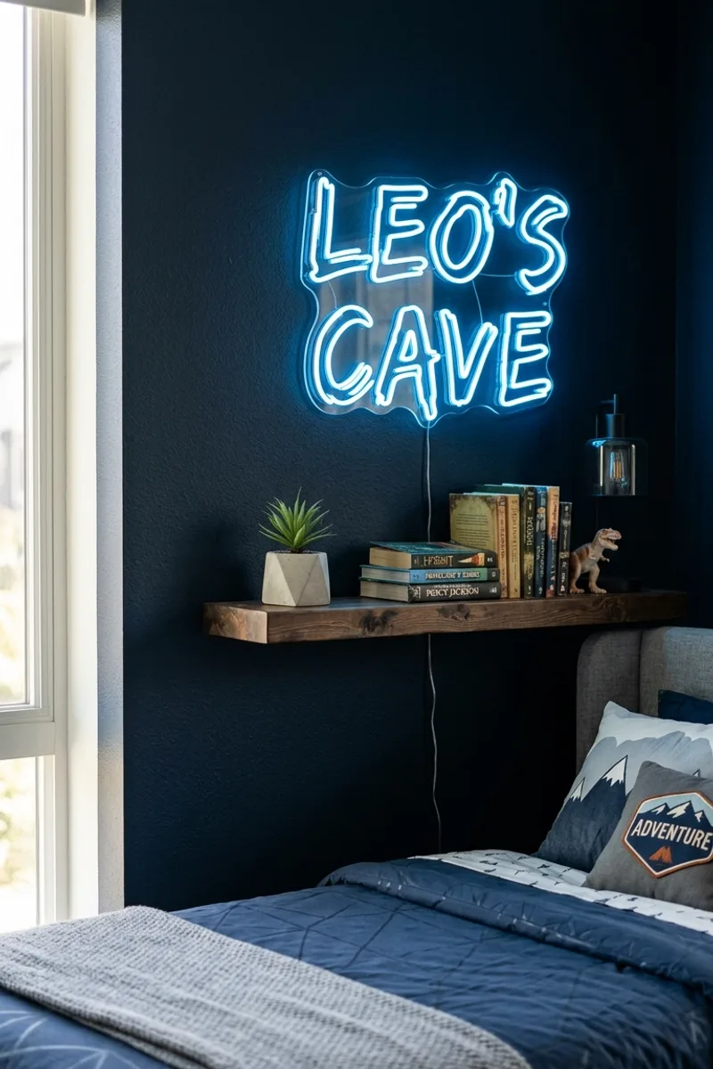 Blue Wall with Neon Sign