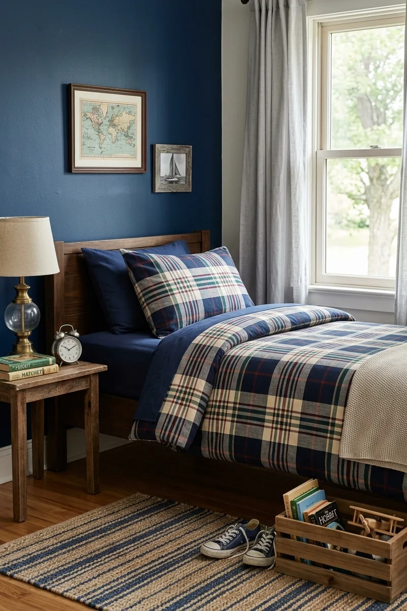 Blue Wall with Plaid Bedding