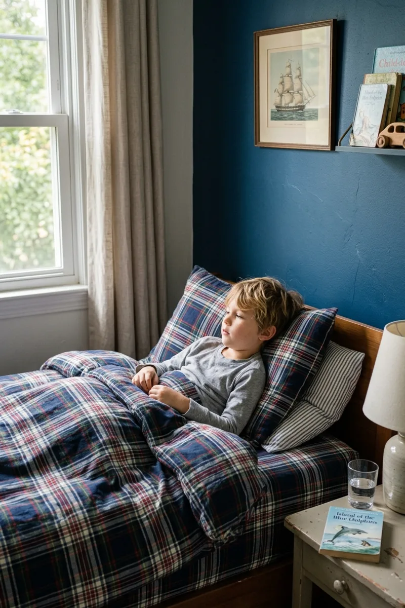 Blue Wall with Plaid Bedding
