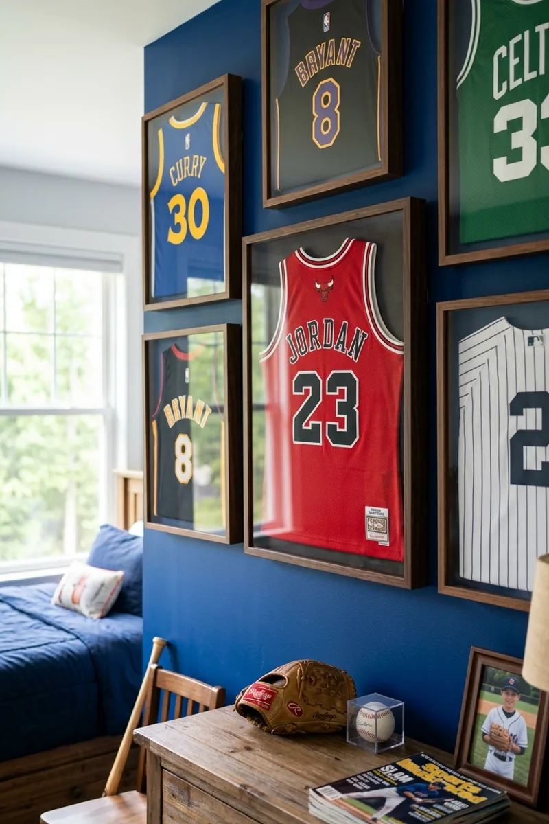 Blue Wall with Sports Memorabilia