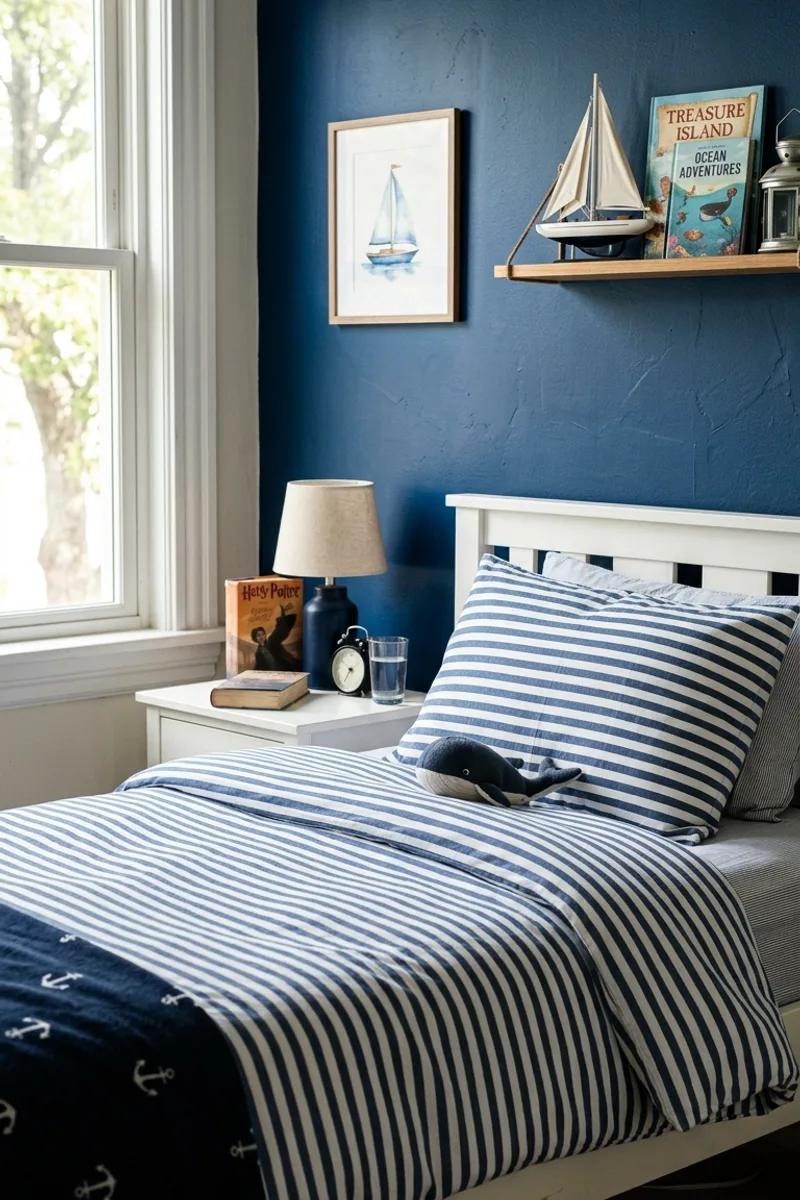 Blue Wall with Striped Bedding
