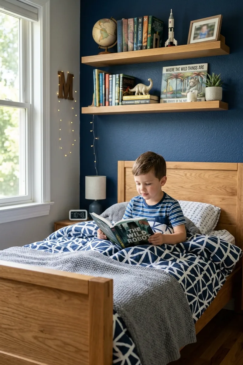 Blue Wall with Wood Accents