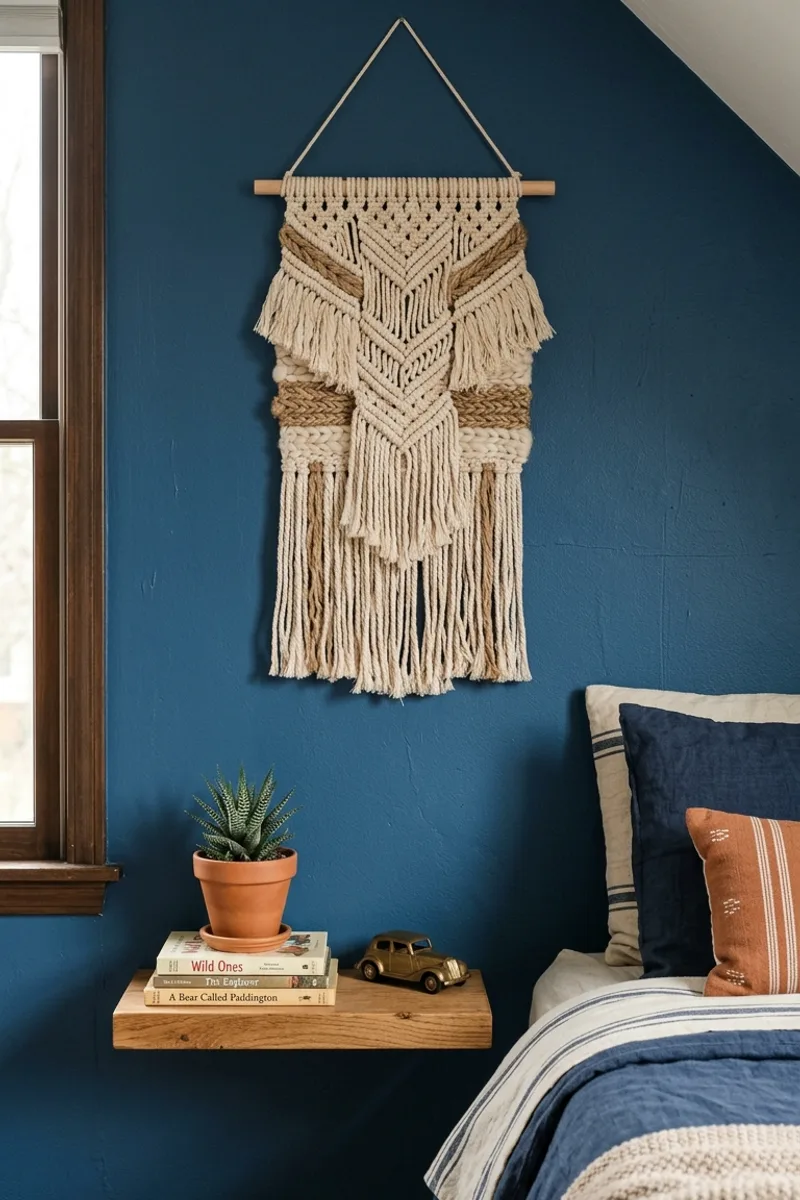 Blue Wall with Woven Wall Hanging
