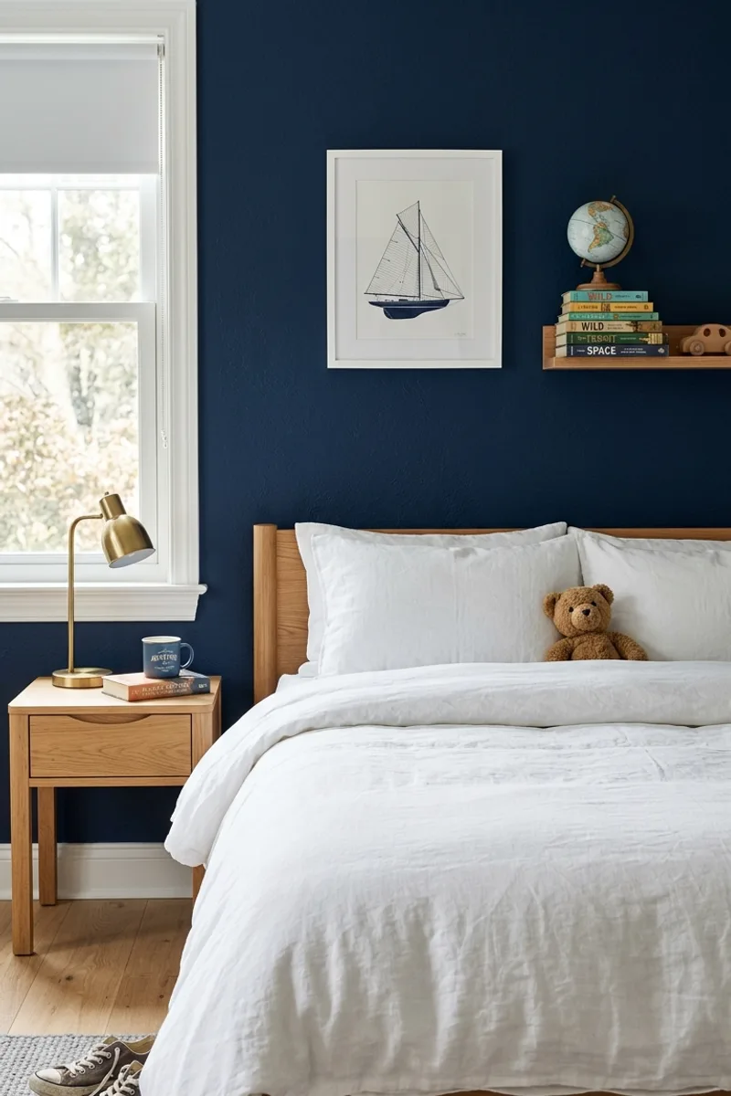 Navy Blue Wall with White Bedding